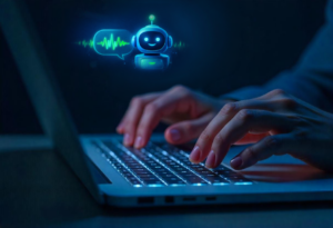 mains tappant sur un clavier d'ordinateur portable, induisant un chat avec une IA pour illustrer la notion de Shadow IA
